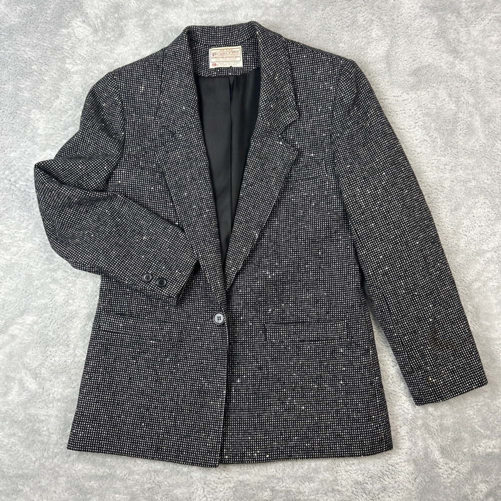 Vintage Pendleton 100% Pure Virgin Wool Tweed Black Grey Blazer 6 Petite USA